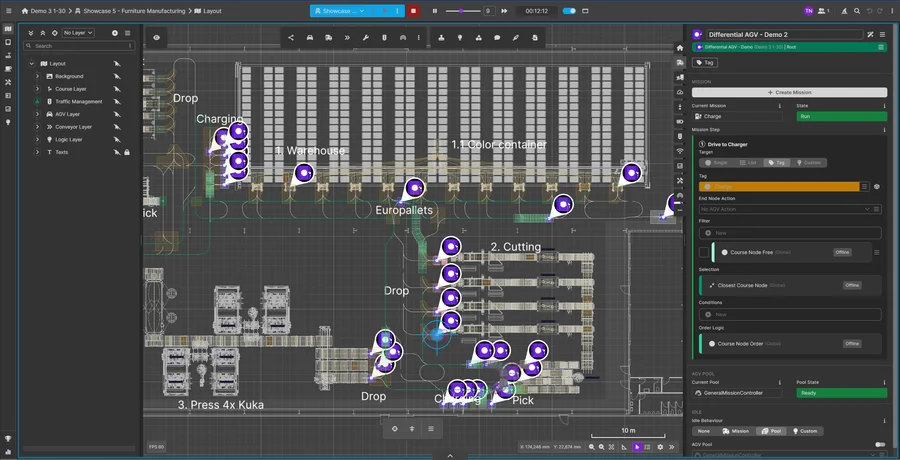 FleetEngine Simulation – Roboter in Aktion auf dem Layout